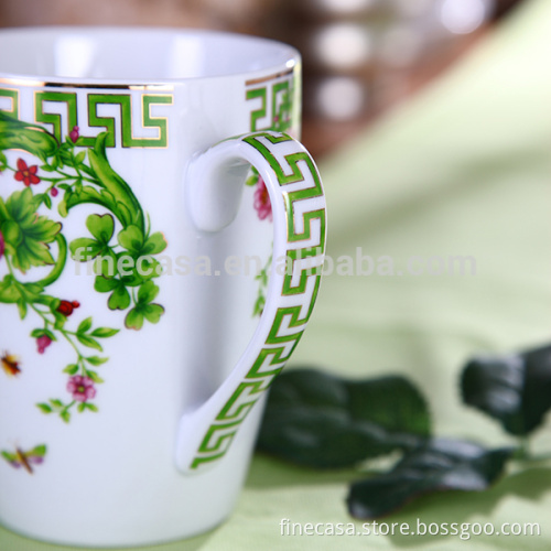 14OZ Elegant White Porcelain Green Tall Porcelain Coffee Mug